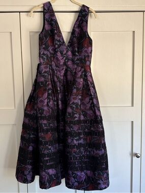 Cynthia Rowley Purple Floral V-Neck Tea Length Dress with Beautiful Black Lace